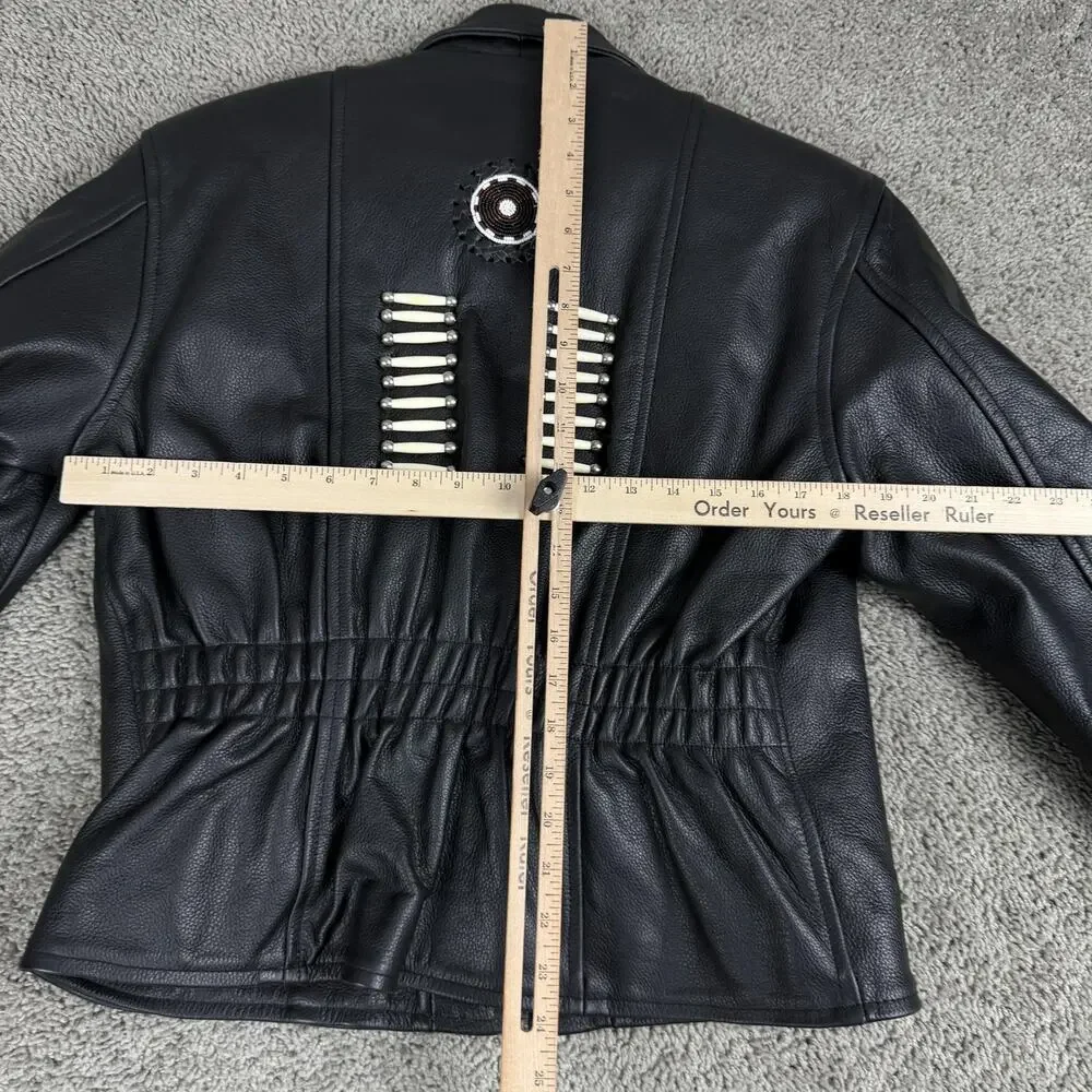 Jim Leather Jacket Womens Large Black Western Bone Bead Biker Motorcycle Zip - Picture 8 of 11